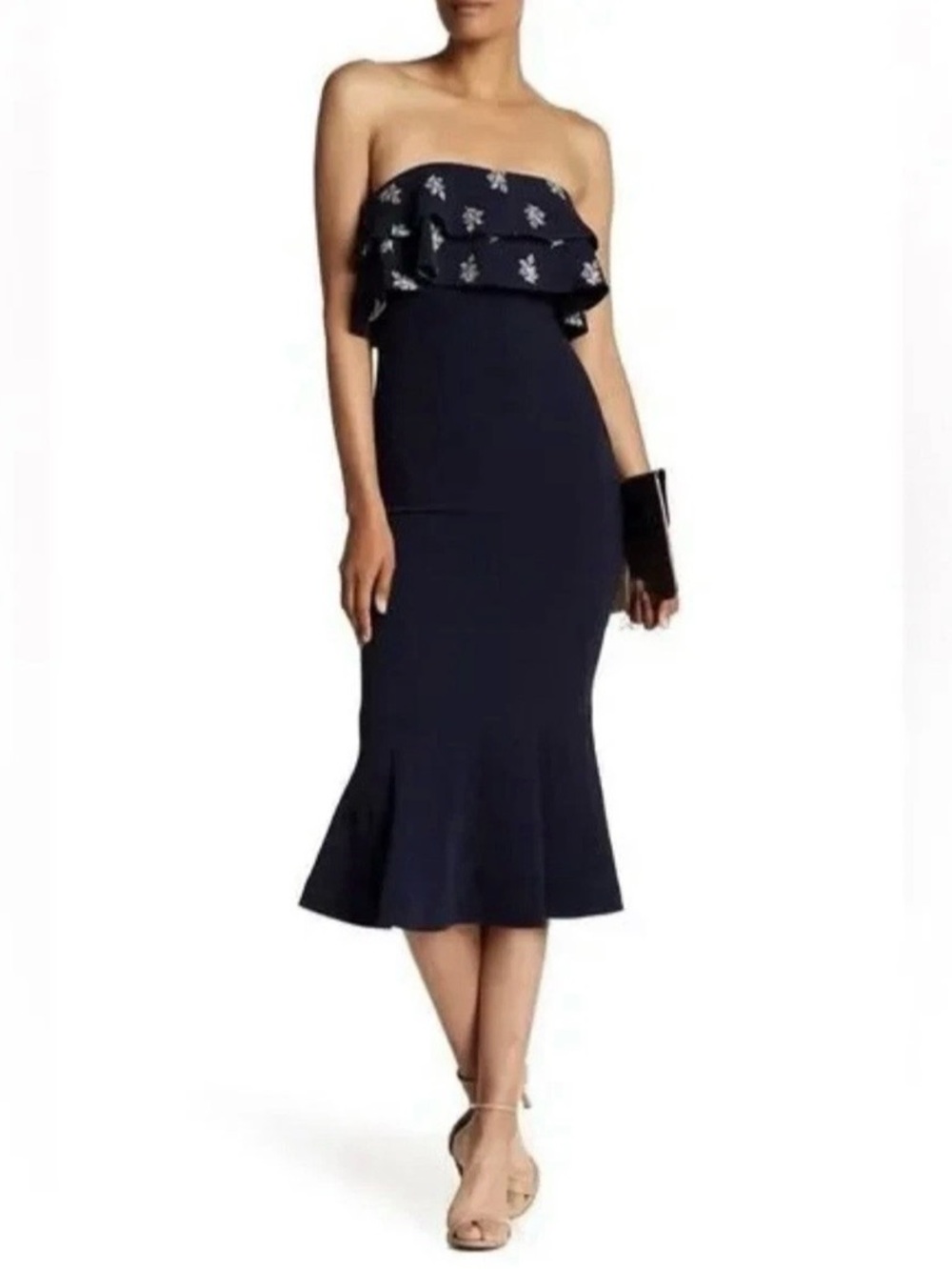 Strapless Navy Midi Dress with Ruffle Floral Bodice (NWT) Fit and Flare